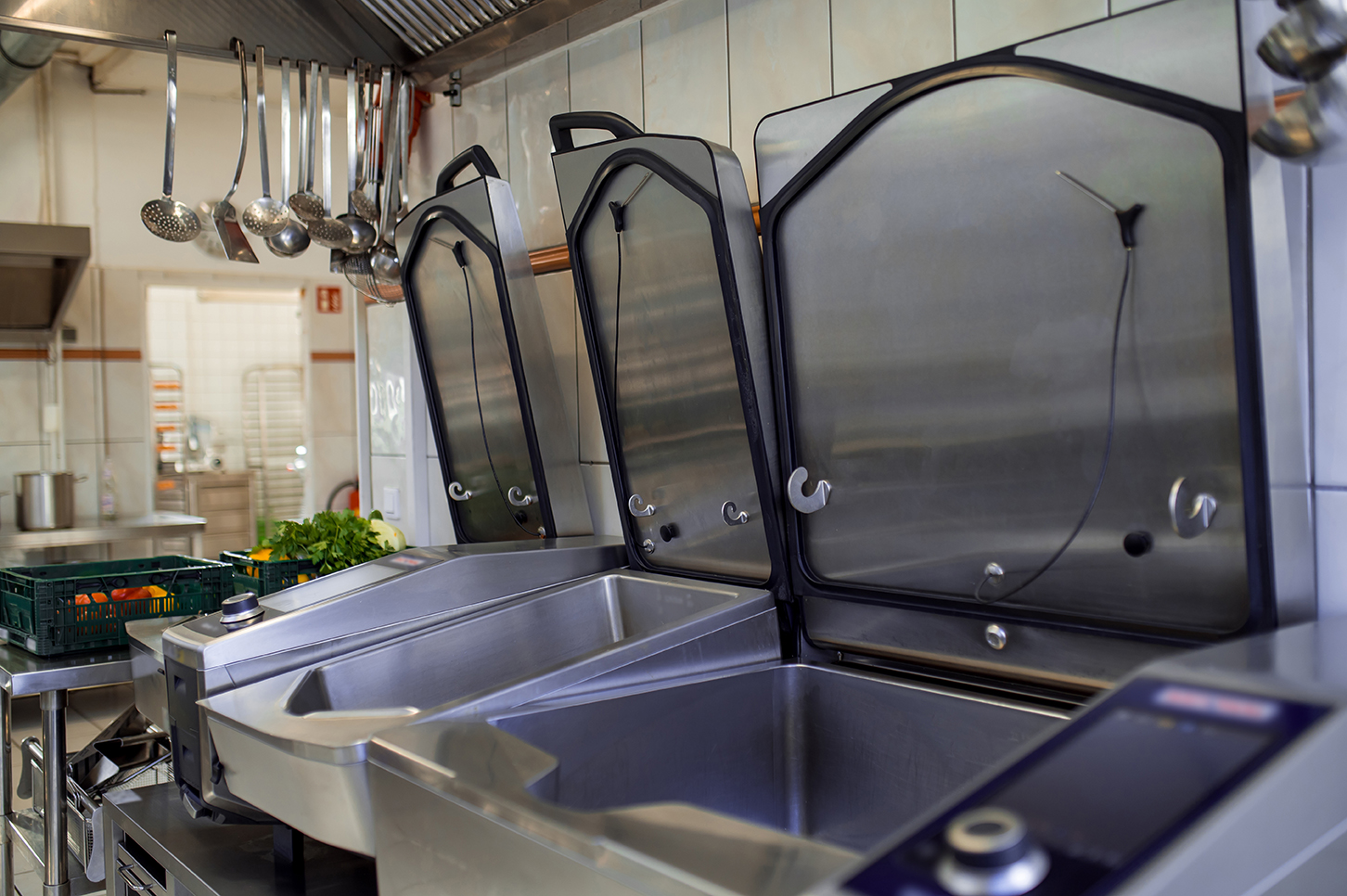 Großküchengeräte aus Edelstahl mit geöffneten Deckeln, darüber hängen Kellen, im Hintergrund liegt Gemüse.