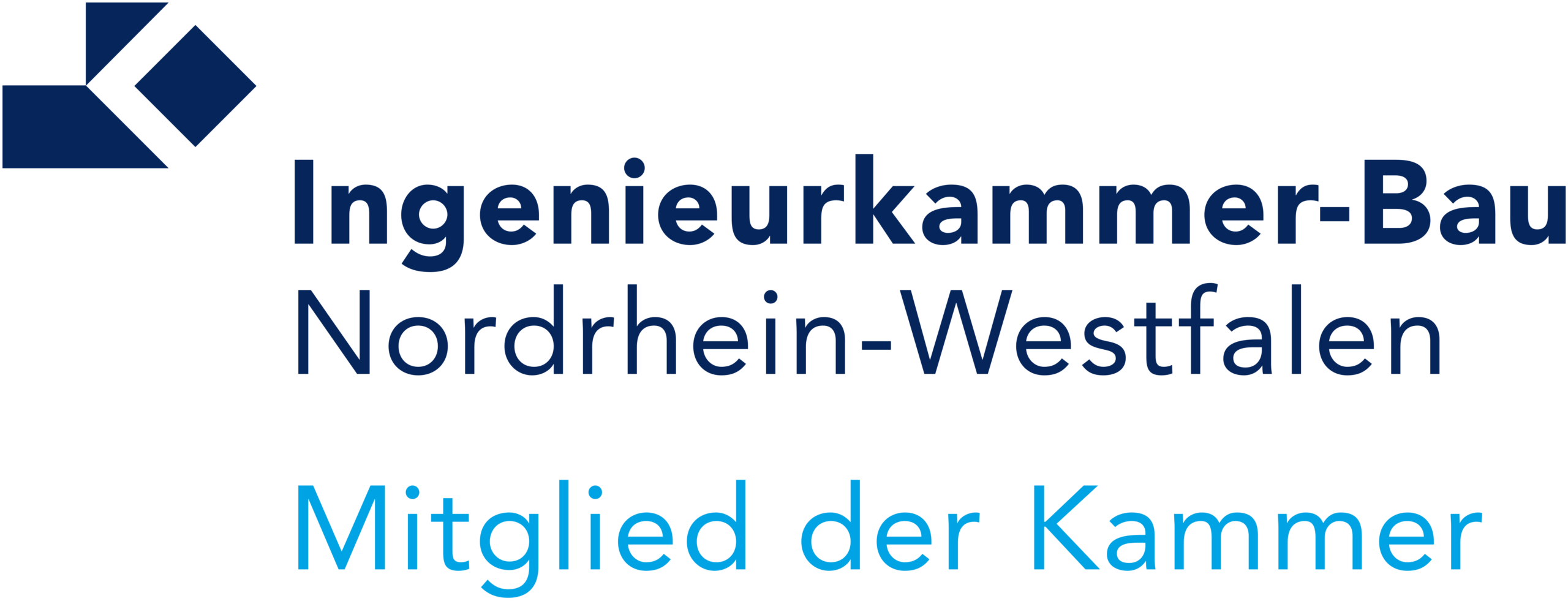Logo der Ingenieurkammer-Bau Nordrhein-Westfalen mit Aufschrift zur Mitgliedschaft und einem blauem geometrischen Symbol.